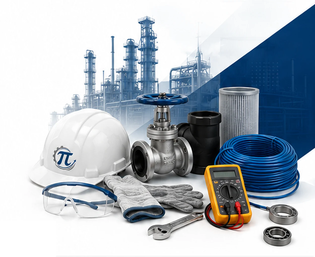 Casco, lentes, guantes, válvula, cable, multímetro, herramienta y rodamientos industriales